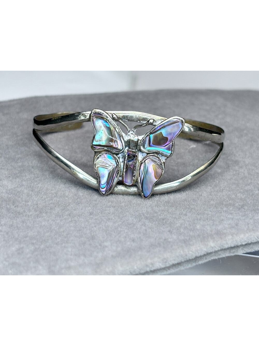 Vintage Alpaca Silver Abalone Butterfly Cuff Bracelet Artisan Boho Mexico Style